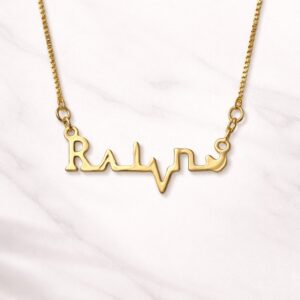 Gold plated heartbeat name pendant with chain. 1 year anti tarnish warranty